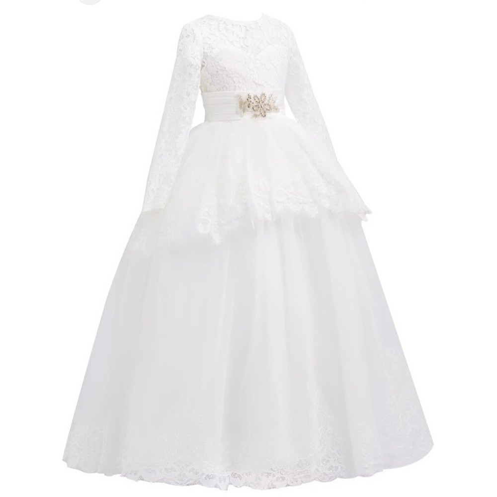Flower Girls Dress Lace Applique White Long Sleeve Communion Ball Gowns 6-7Y‎